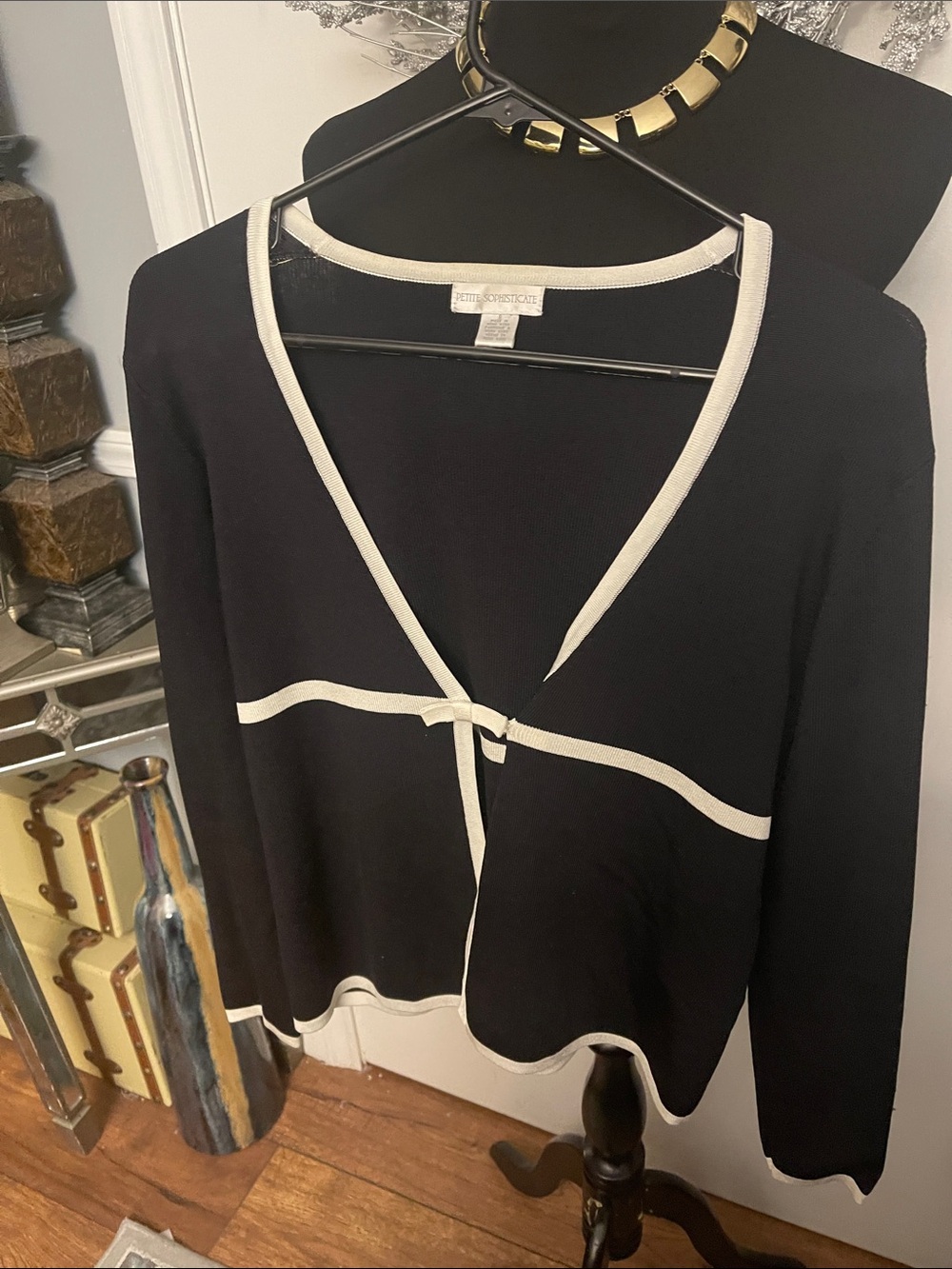 Black and White Contrast Trim V-Neck Cardigan Sweater